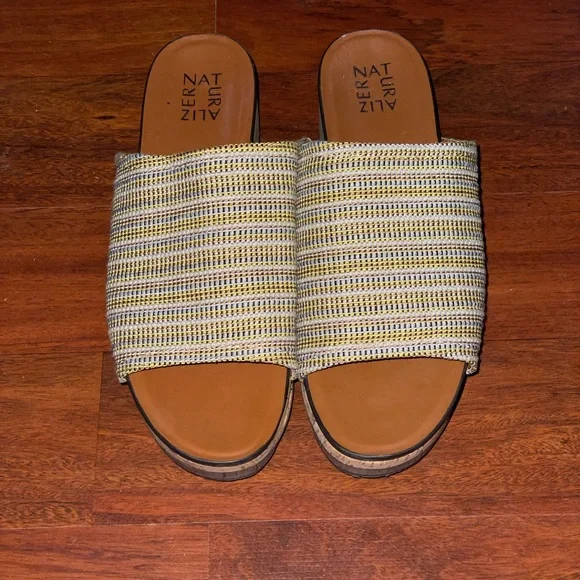 Naturalizer Kirstin Stripe Cork Platform Shoe Wedge Sandal yellow tan mule sz 9 - Picture 4 of 16